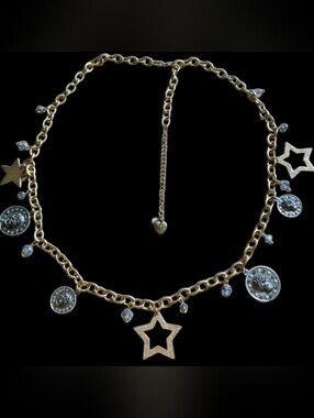 💀⭐Betsey RARE Skulls on Discs Gold-tone Stars Blue Crystal Charm Necklace